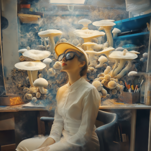 A woman sitting in front of magic mushroom spores deals.